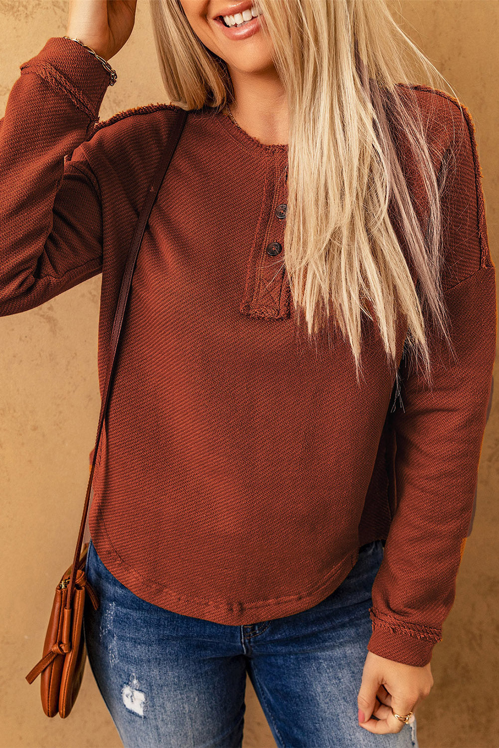 Exposed Seams Round Neck Long Sleeve Blouse Caramel