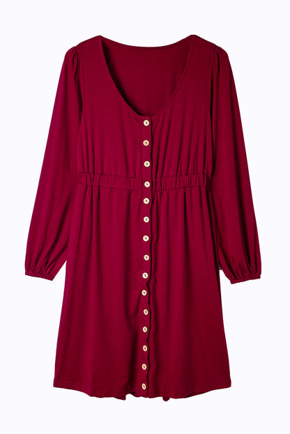 Fiery Red Button Up High Waist Long Sleeve Dress