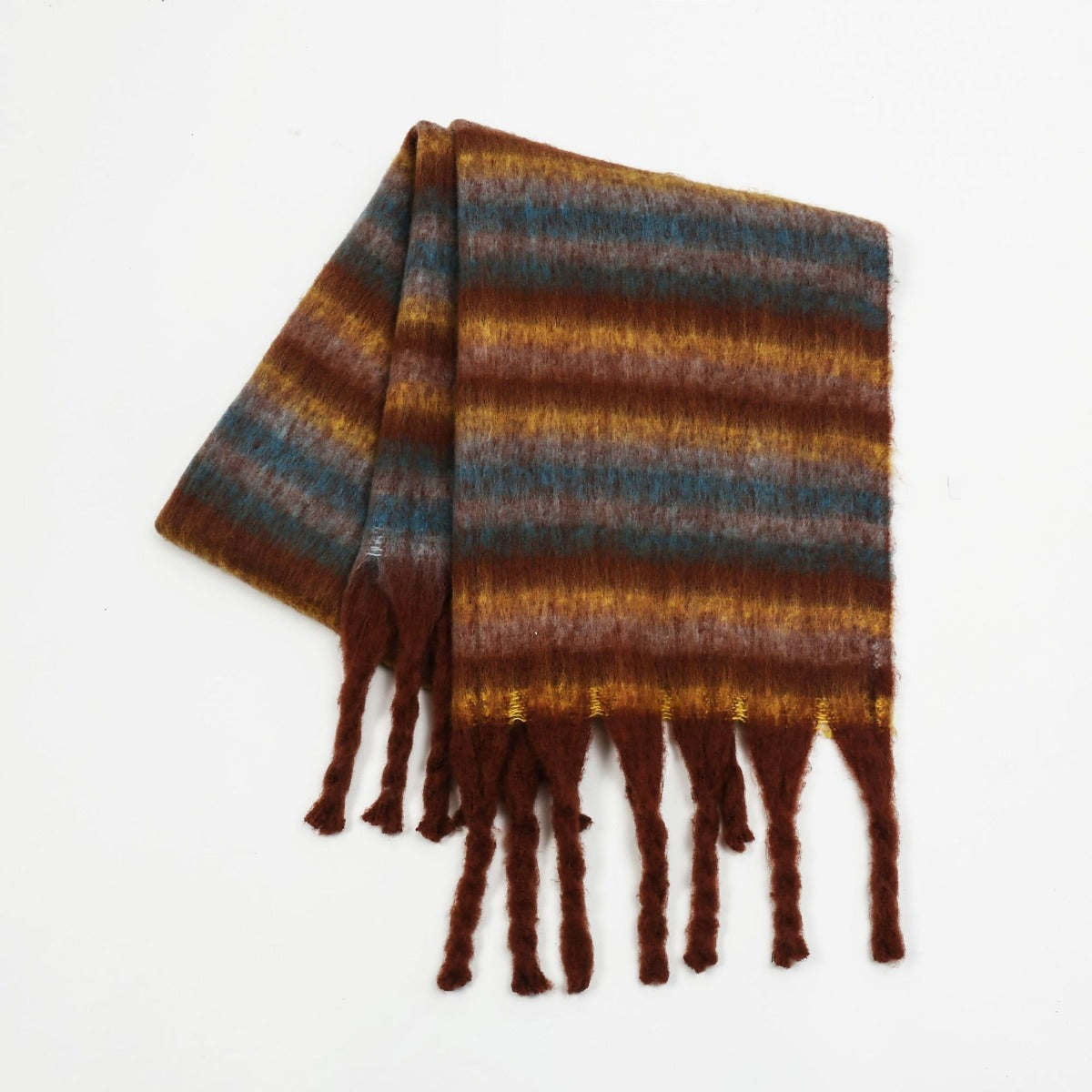 Fringe Contrast Striped Polyester Scarf Dark Brown One Size