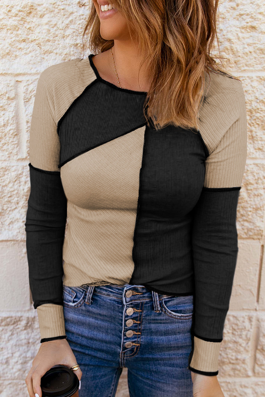 Color Block Round Neck Long Sleeve T-Shirt Khaki