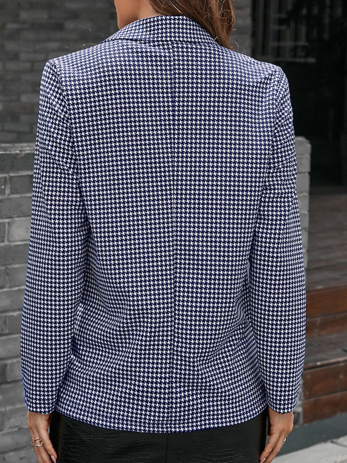 Houndstooth Lapel Collar Long Sleeve Blazer - Thandynie