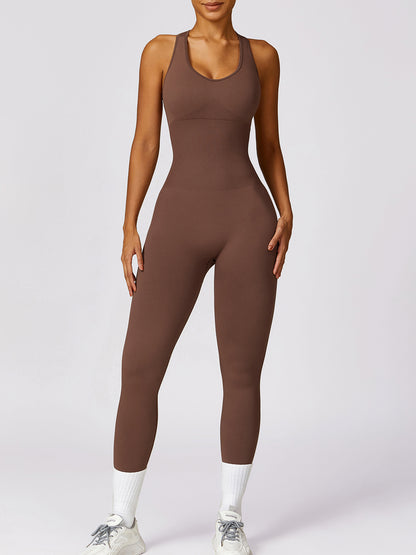 Basic Bae Sleeveless Cutout Racerback Active Jumpsuit Brown