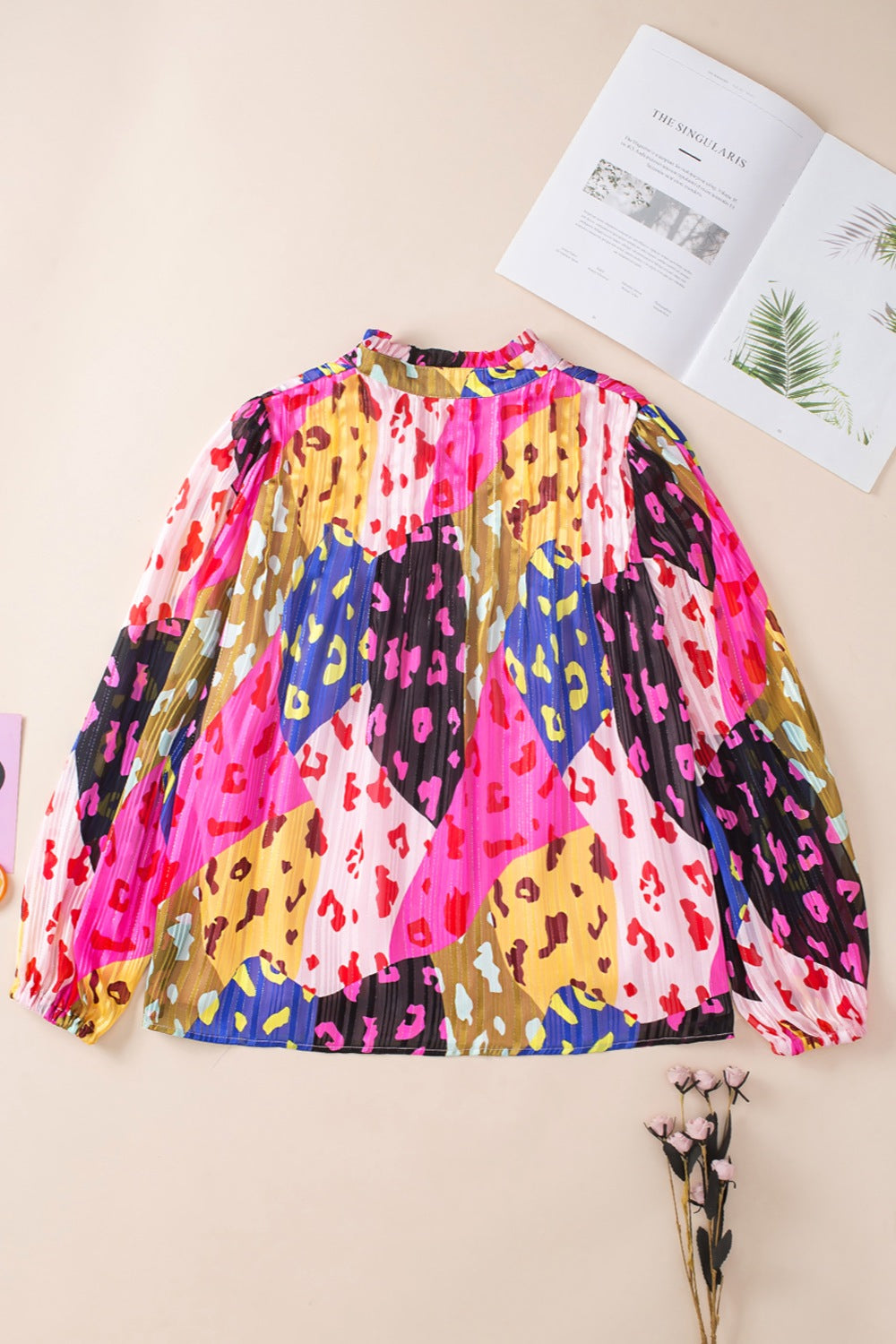 Printed Notched Long Sleeve Blouse