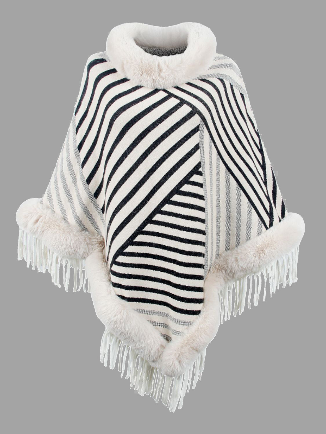 Striped Fringe Hem Poncho - Thandynie