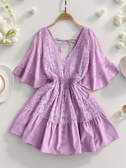 Lace Cutout Half Sleeve Mini Dress Lavender