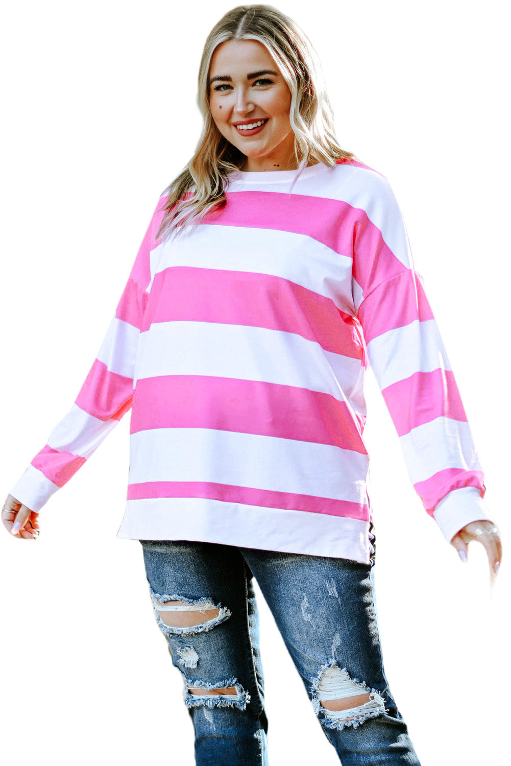 Pink Striped Side Slit Plus Size Sweatshirt