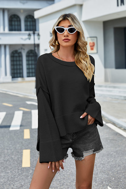 Round Neck Dropped Shoulder Slit Sweater Black