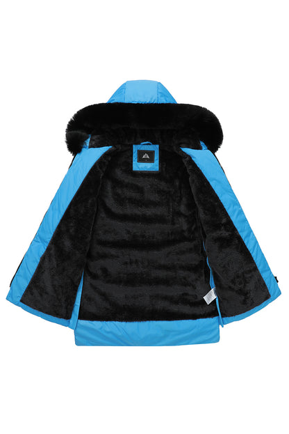 Blue Plush Linen Zip Up Hooded Puffer Coat