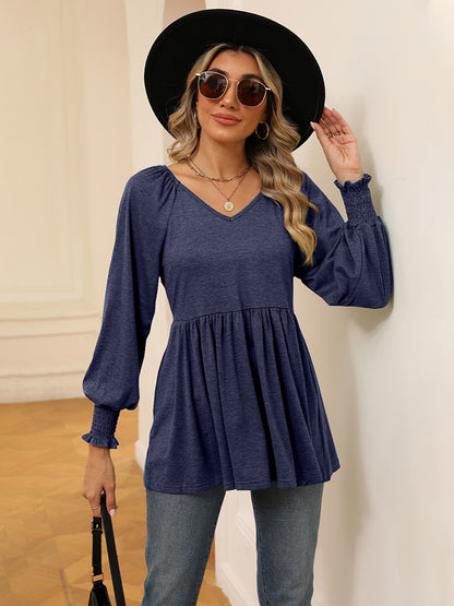 V-Neck Lantern Sleeve Blouse Navy