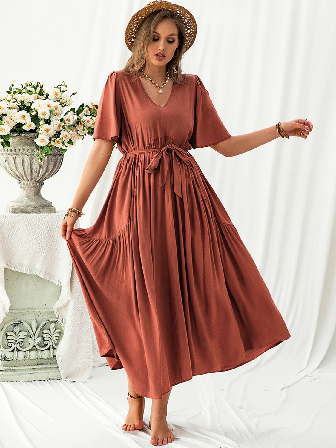 Plus Size V-Neck Flutter Sleeve Midi Dress - Thandynie