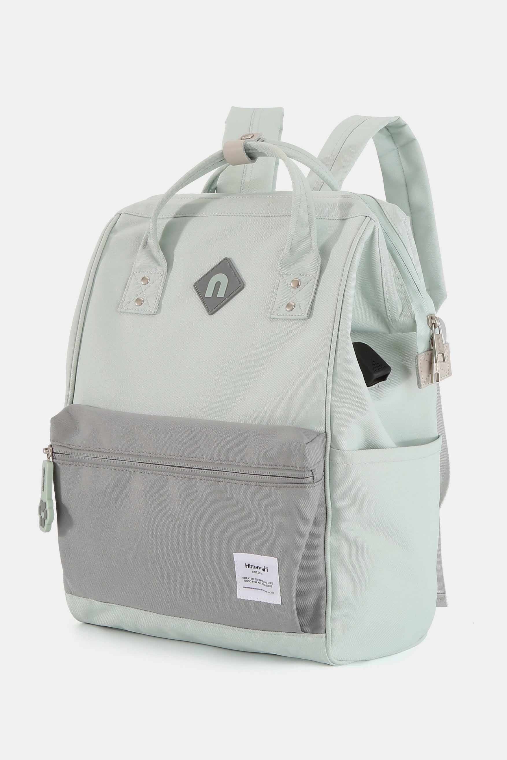 Himawari Contrast Waterproof Backpack Bag with External USB Port Mint Grey One Size