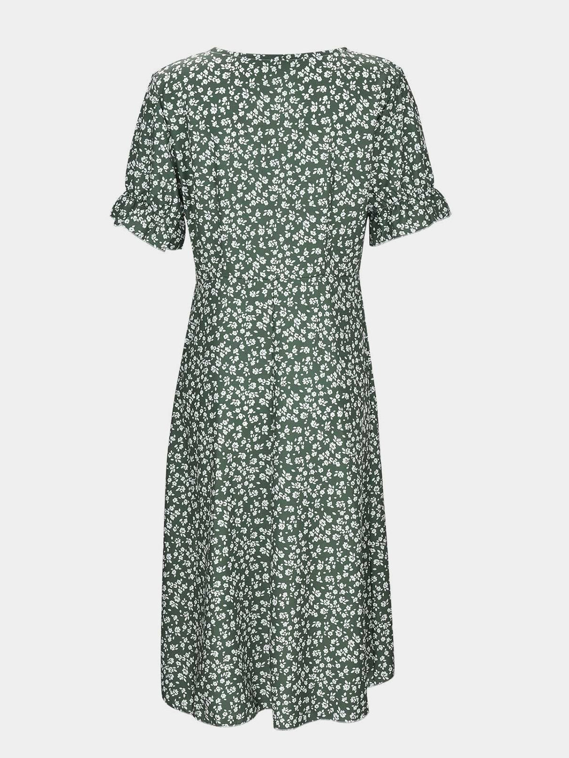 Full Size Printed Surplice Flounce Sleeve Midi Dress Green