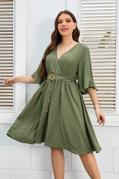 Plus Size Surplice Neck Half Sleeve Dress Moss