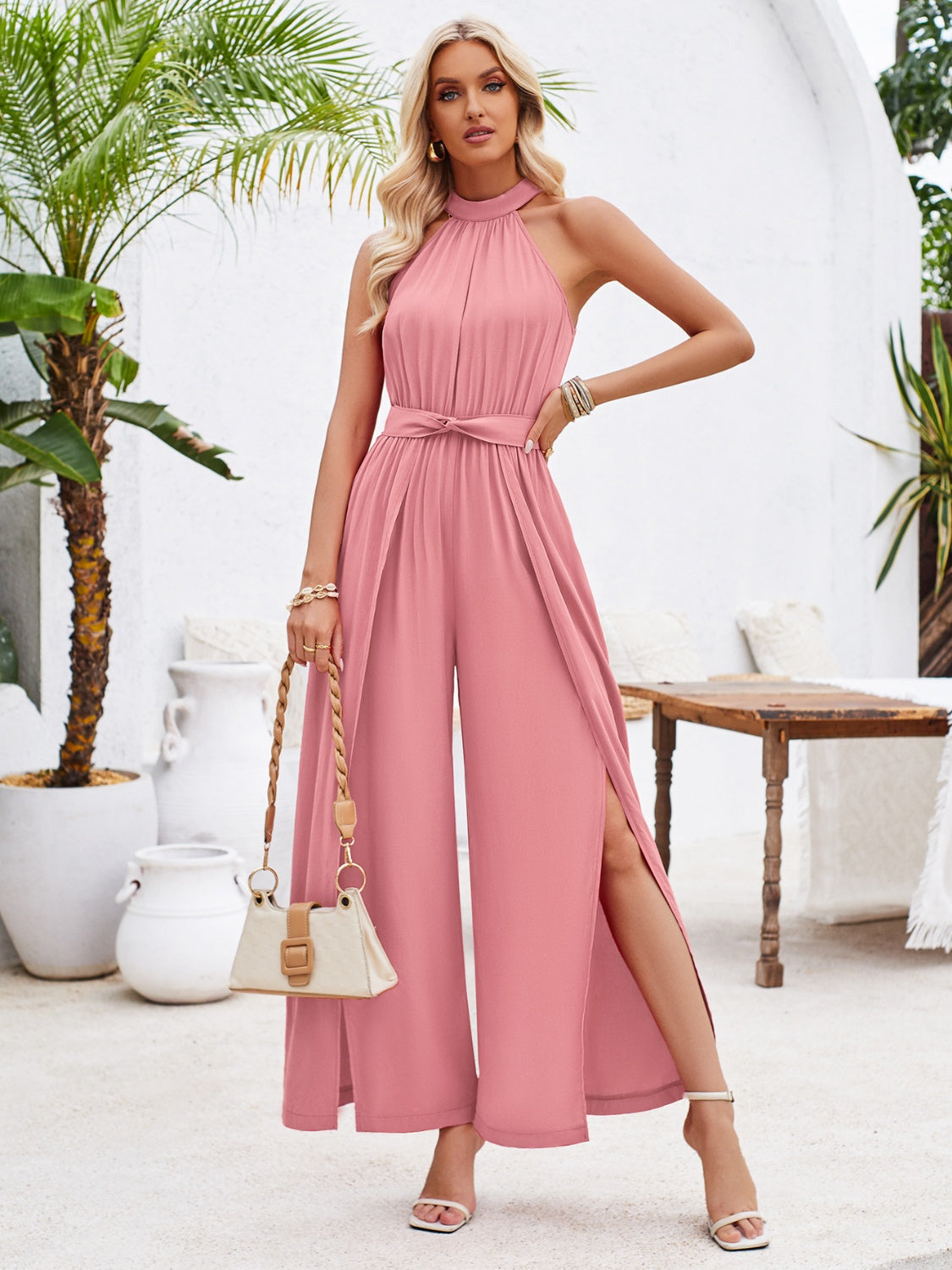 Ruched Slit Tied Sleeveless Jumpsuit Blush Pink