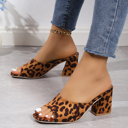 Leopard Block Heel Suede Sandals Caramel