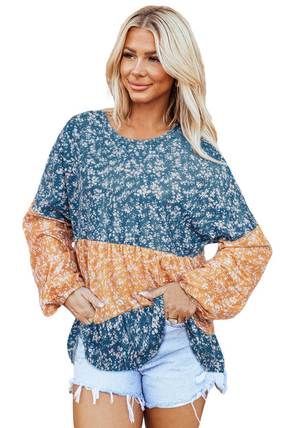 Orange Floral Color Block Ruffled Hem Round Neck Blouse