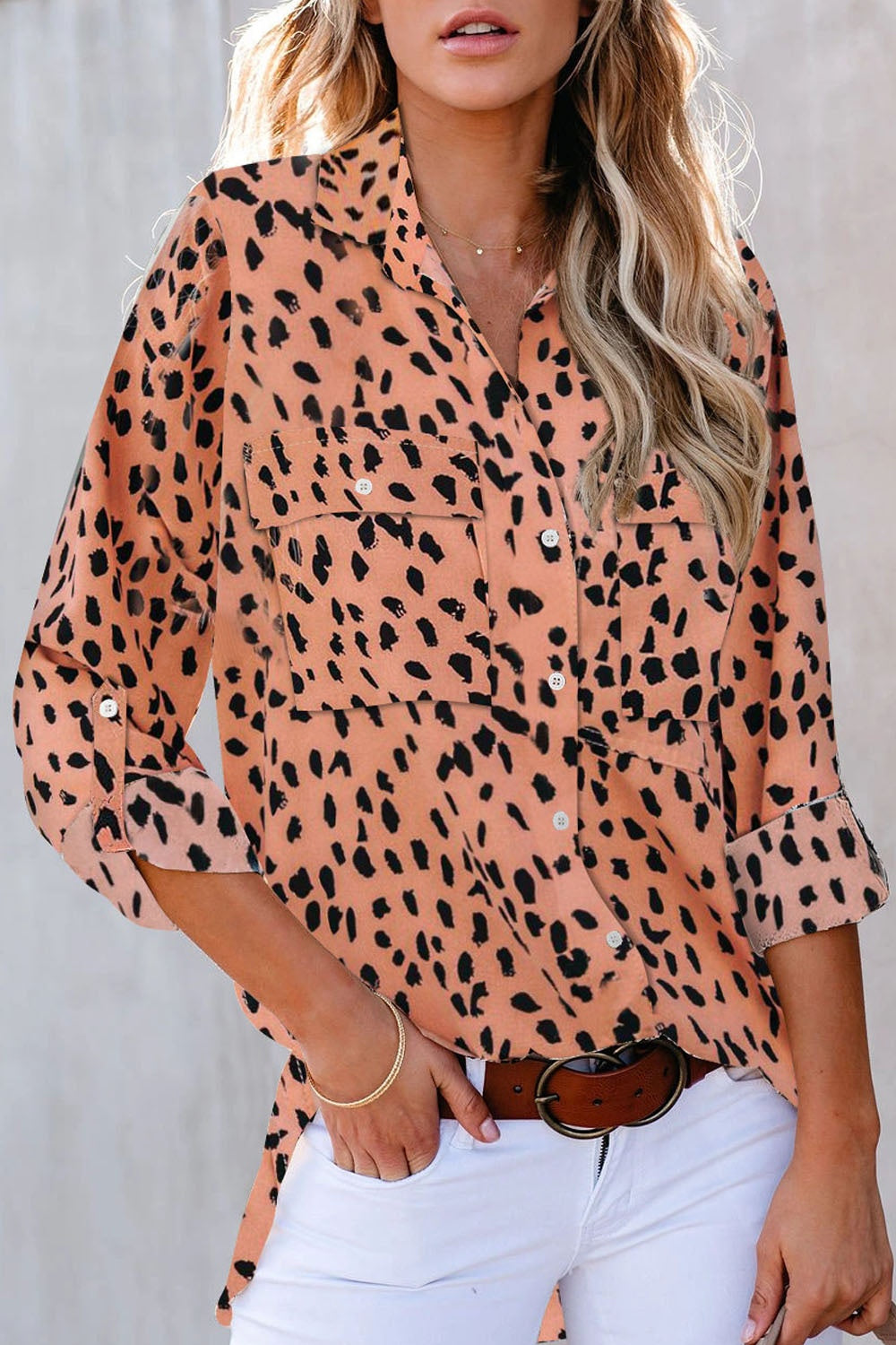Pockted Printed Button Up Shirt Tangerine