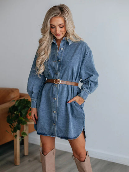 Button Up Collared Neck Long Sleeve Denim Dress Medium