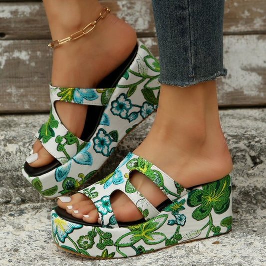 Cutout Floral Peep Toe Sandals Green