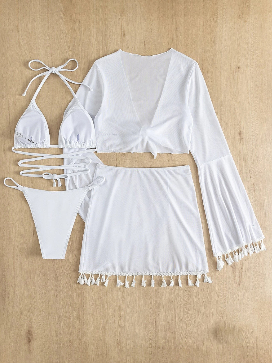 Halter Neck Bra, Bottom, Tassel Flare Sleeve Cover-Up and Skirt Four-Piece Swim Set - Thandynie