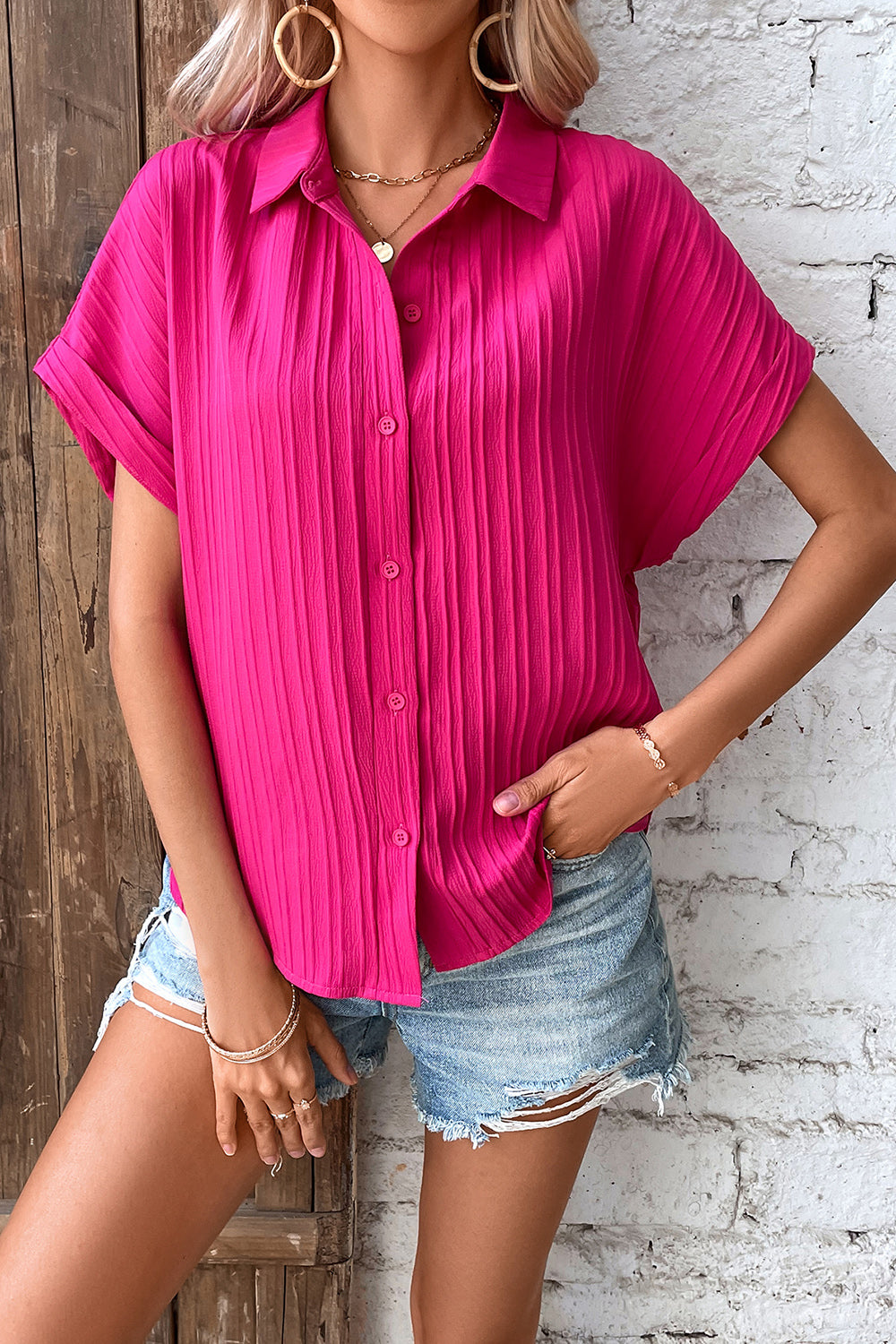 Button Up Short Sleeve Shirt Hot Pink