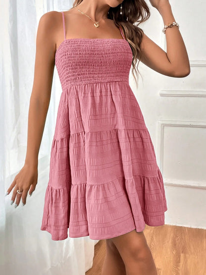 Smocked Tiered Sleeveless Mini Dress - 100% Polyester, Opaque, Chic Summer Style Dusty Pink