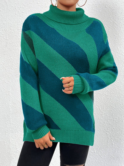 Striped Turtleneck Dropped Shoulder Sweater Dark Green