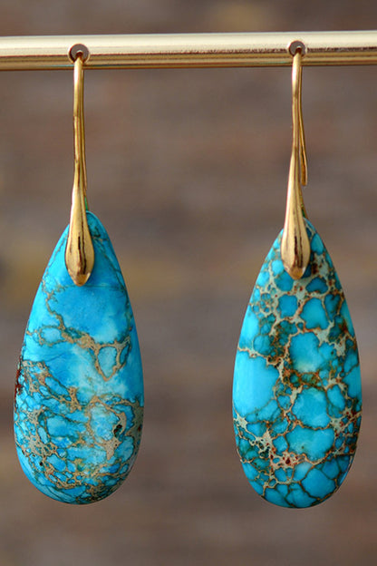 Handmade Teardrop Shape Natural Stone Dangle Earrings Gold Blue One Size