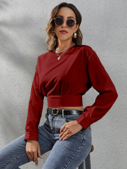 Round Neck Long Sleeve Blouse Burgundy