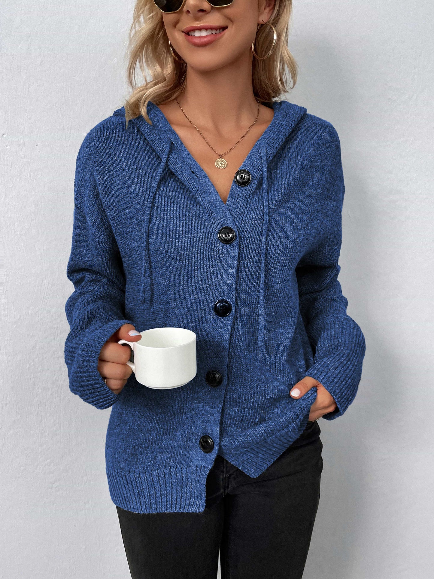 Button-Down Long Sleeve Hooded Sweater Dusty Blue