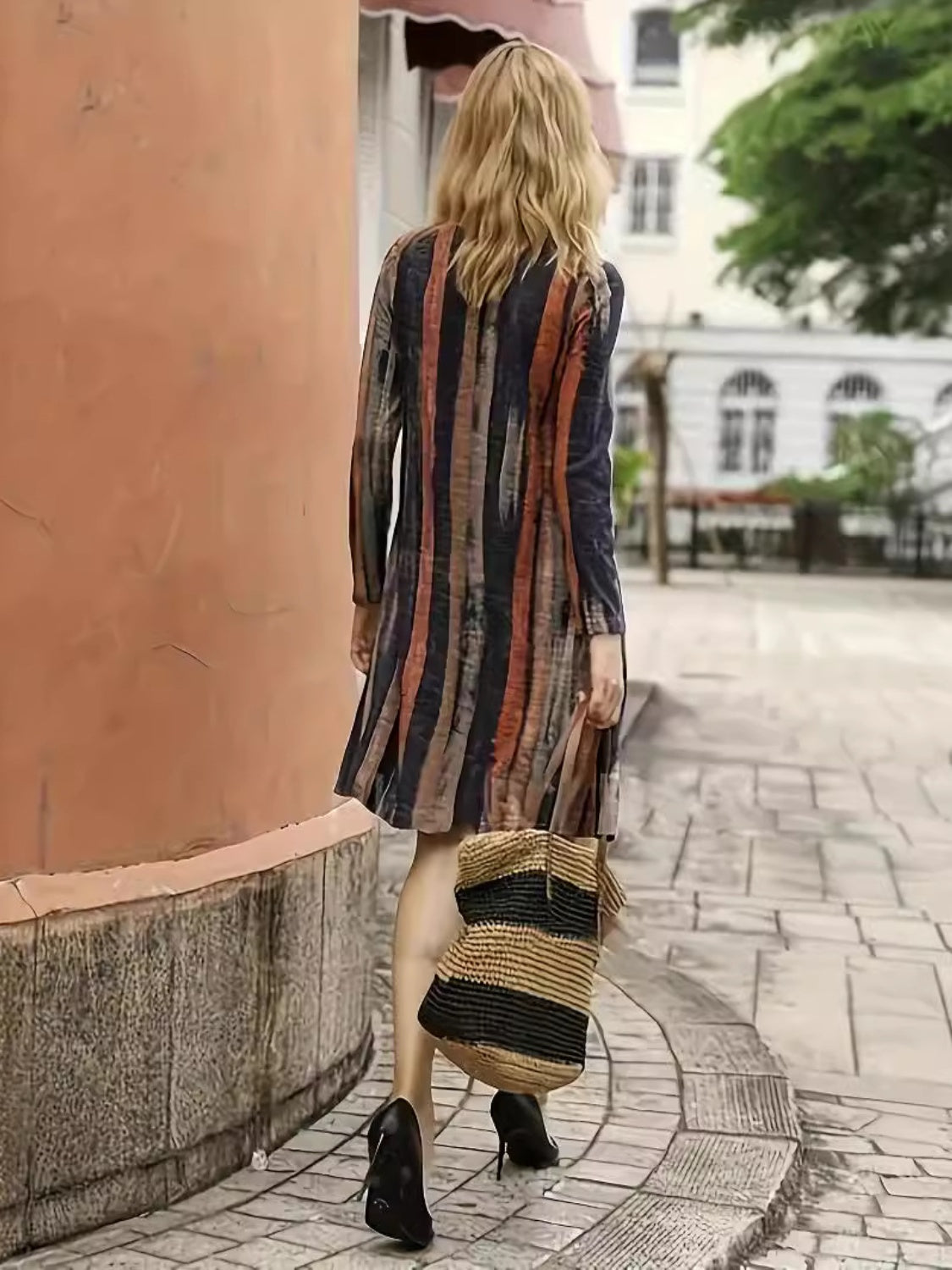 Full Size Contrast Stripes Long Sleeve Mini Dress