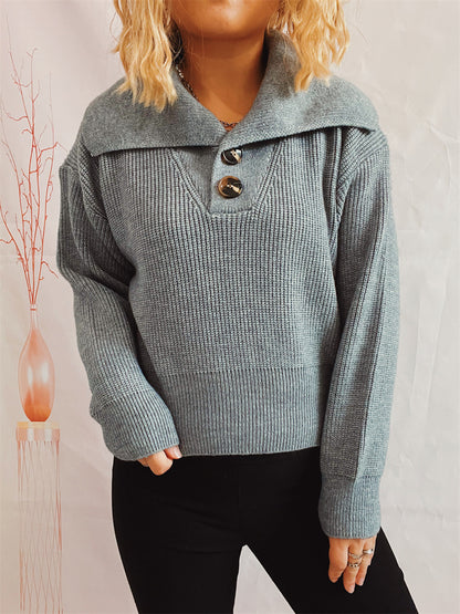 Statement Collar Half Button Sweater Cloudy Blue