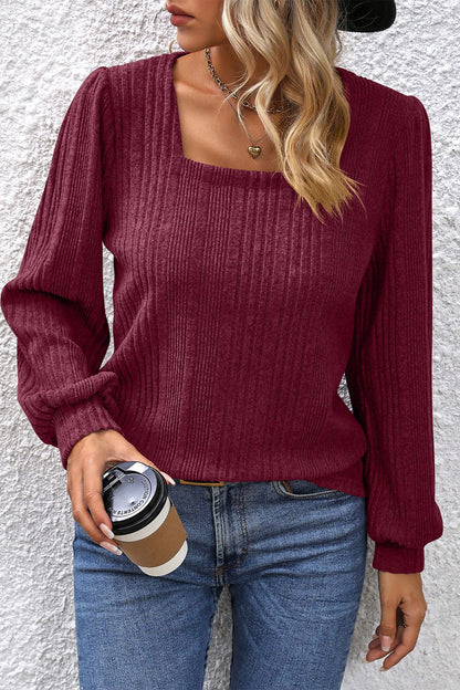 Square Neck Puff Sleeve Blouse Wine