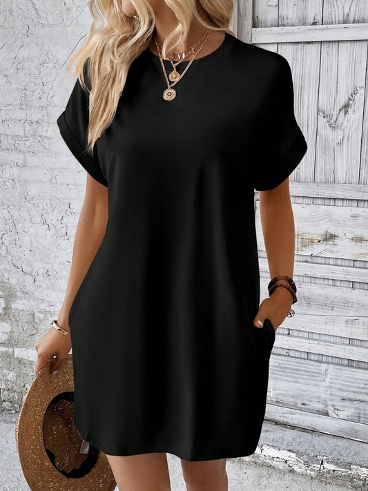 Round Neck Short Sleeve Mini Dress Black