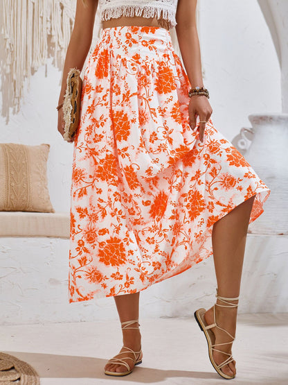 Printed Elastic Waist Midi Skirt Orange