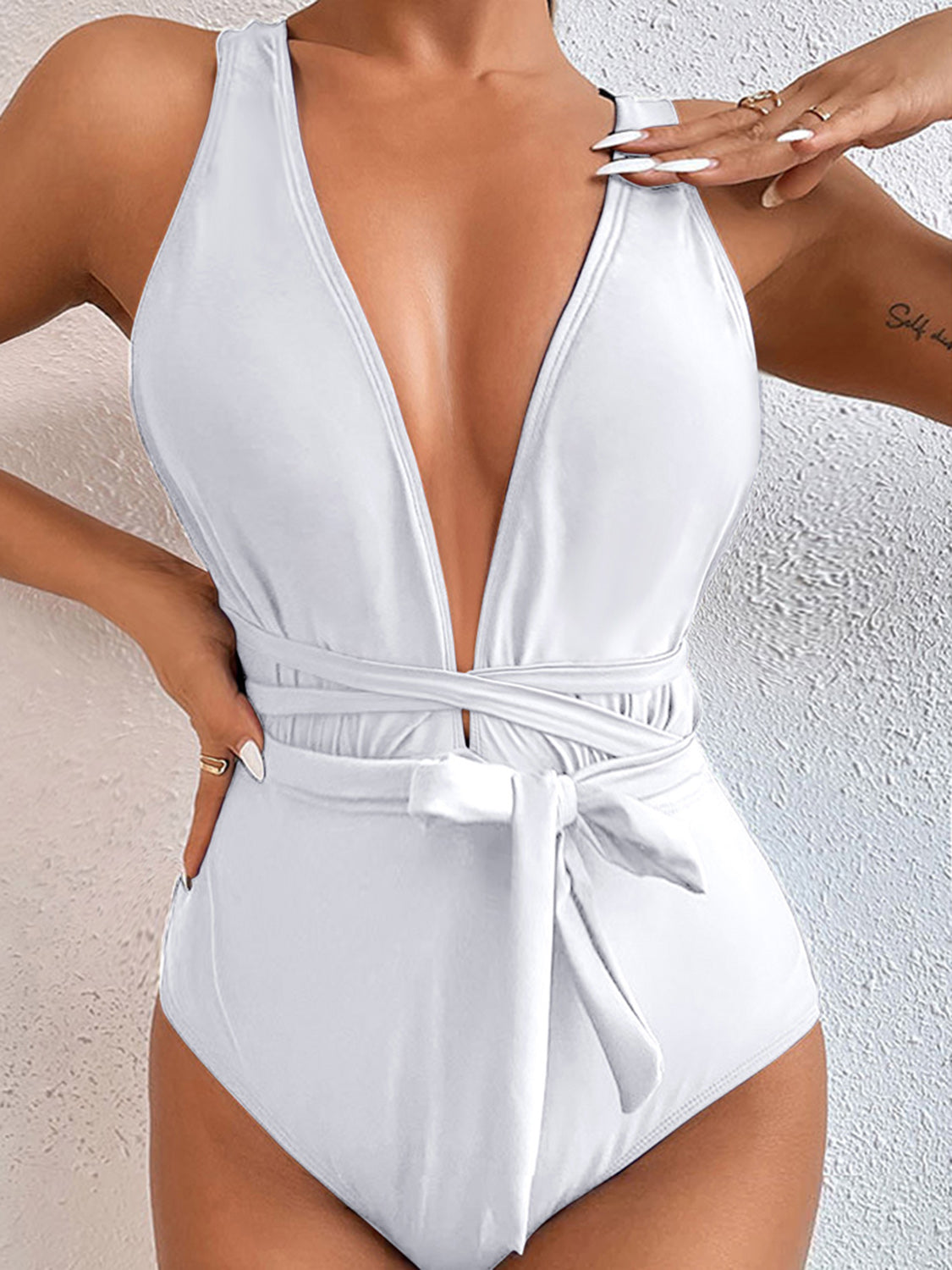 Tied Crisscross Wide Strap One-Piece Swimwear White