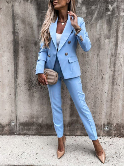 Lapel Collar Long Sleeve Blazer and Pants Set Pastel Blue