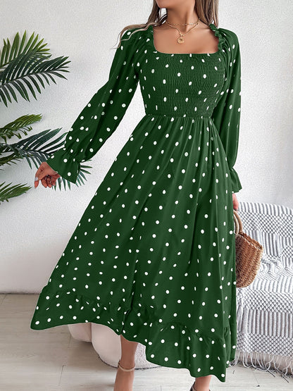 Polka Dot Flounce Sleeve Midi Dress Dark Green