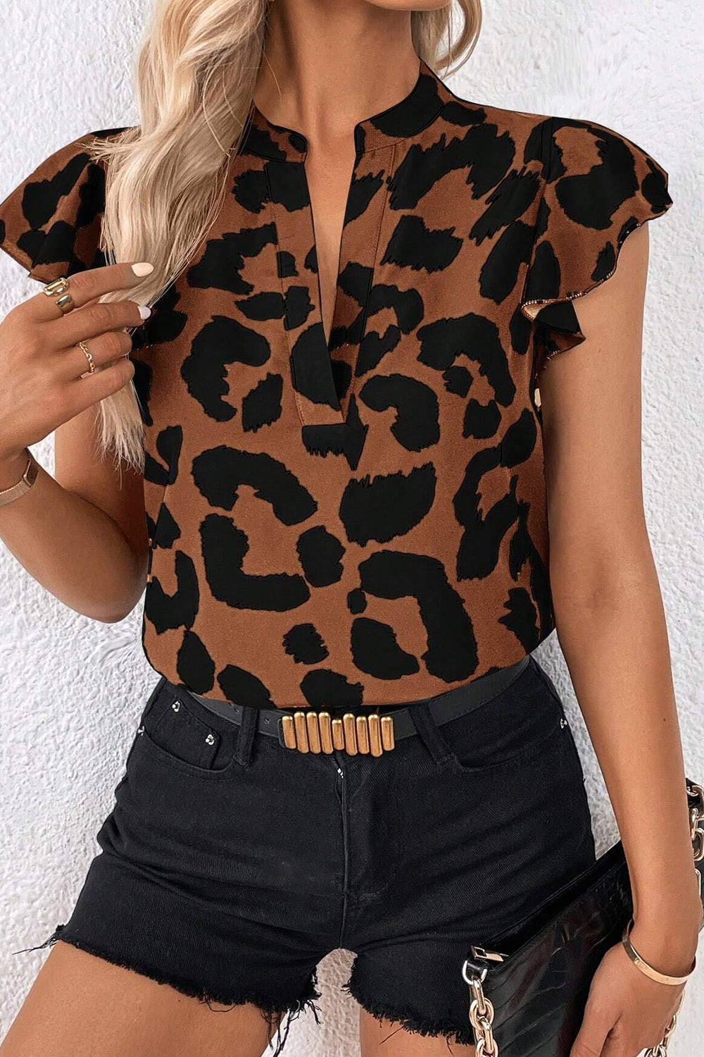 Leopard Notched Cap Sleeve Blouse Brown