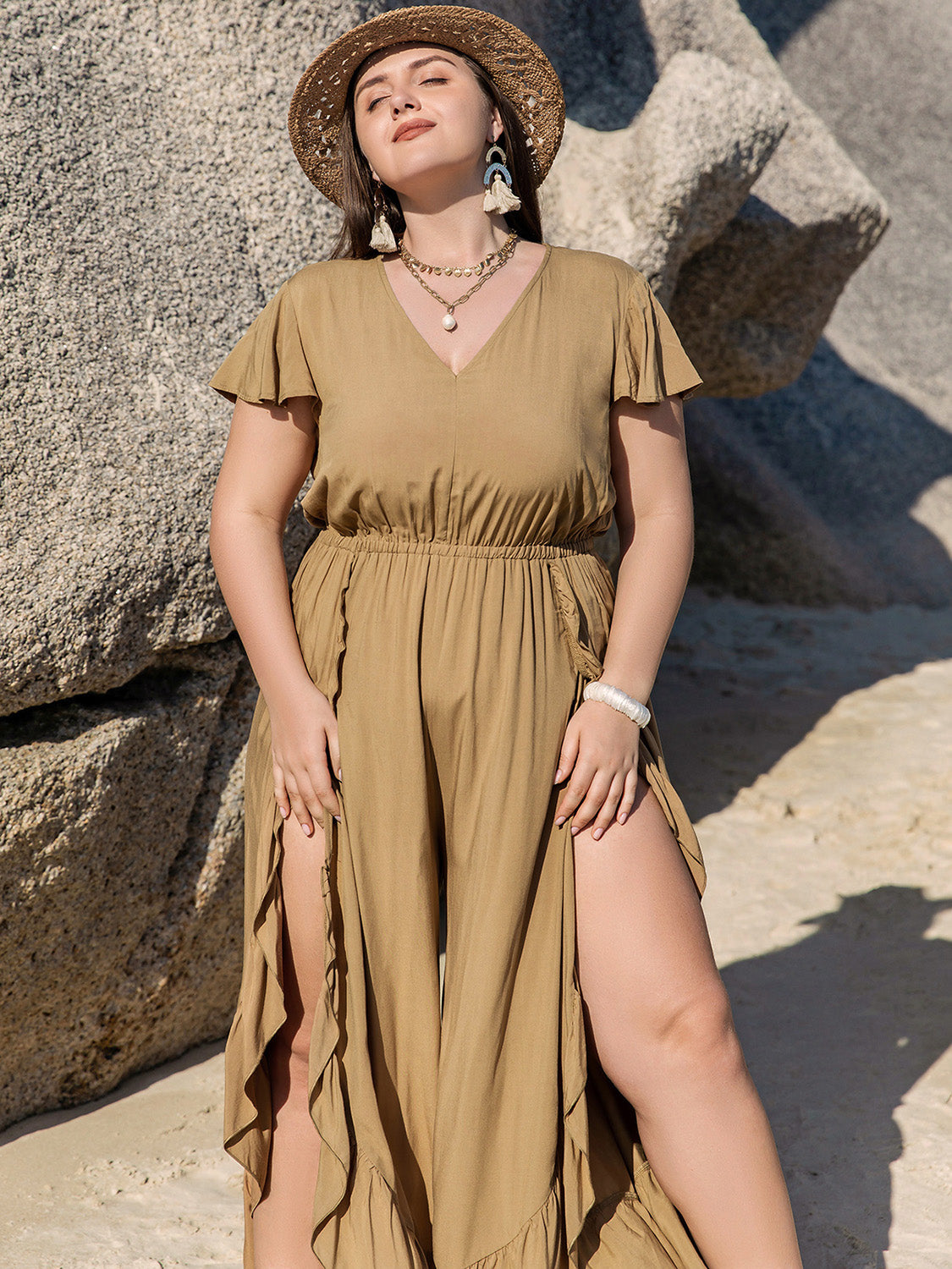 Plus Size Slit Ruffled V-Neck Jumpsuit - Thandynie