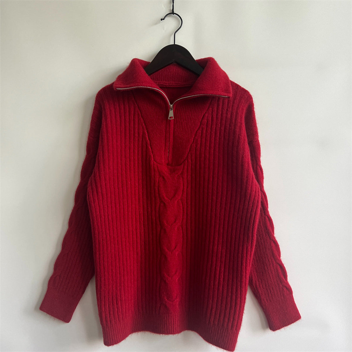 Ribbed Half Zip Long Sleeve Sweater Red