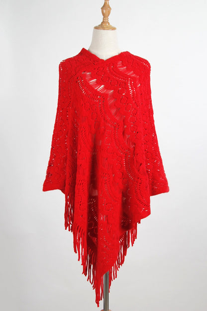 Fringe Openwork Surplice Cape Sleeve Poncho Scarlet One Size