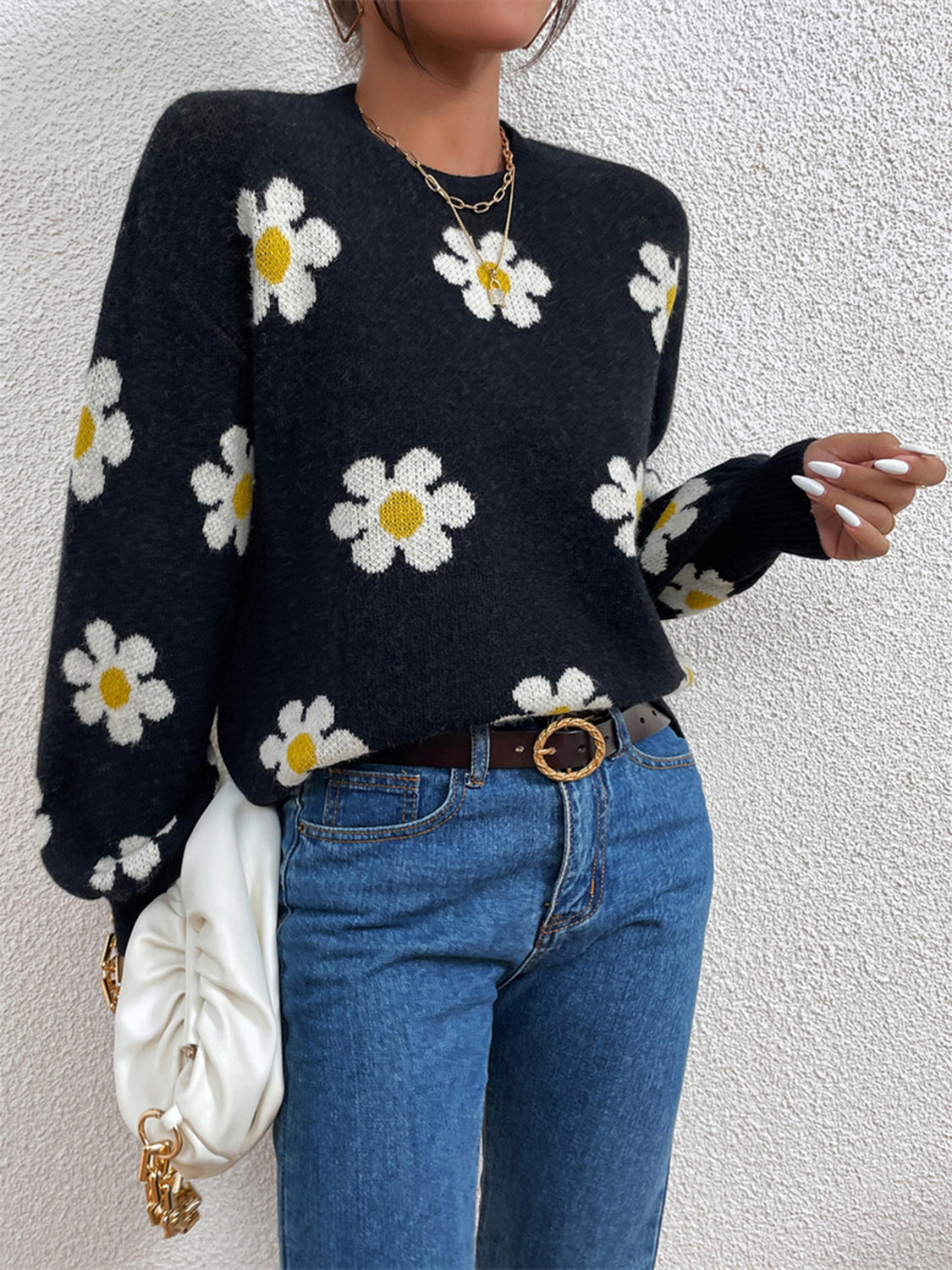 Flower Round Neck Latern Sleeve Sweater Black