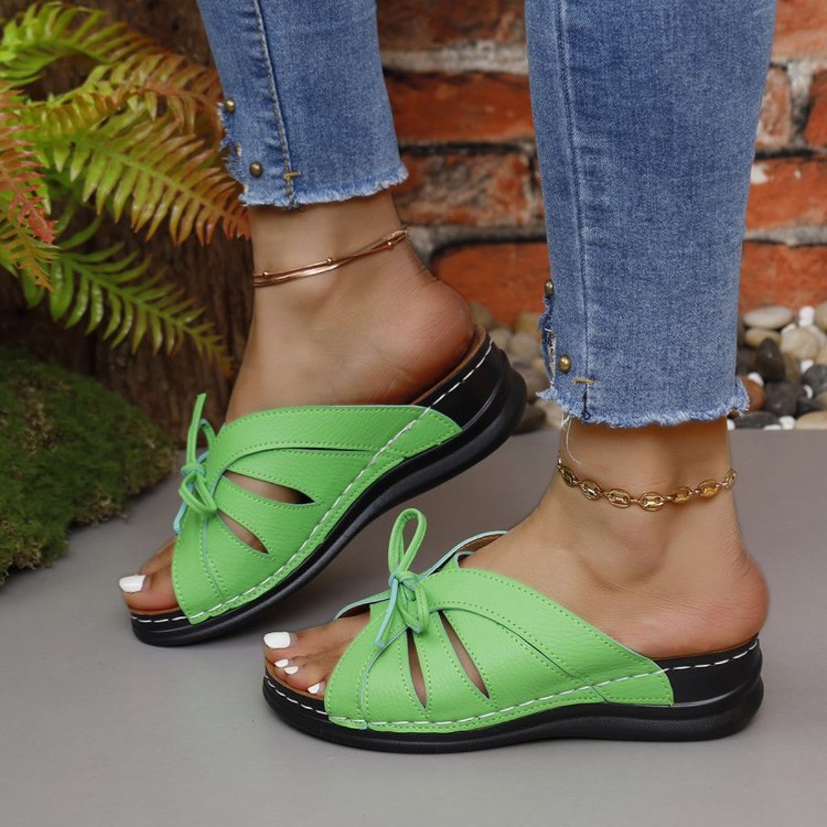 Tied Open Toe Low Heel Sandals Neon Green