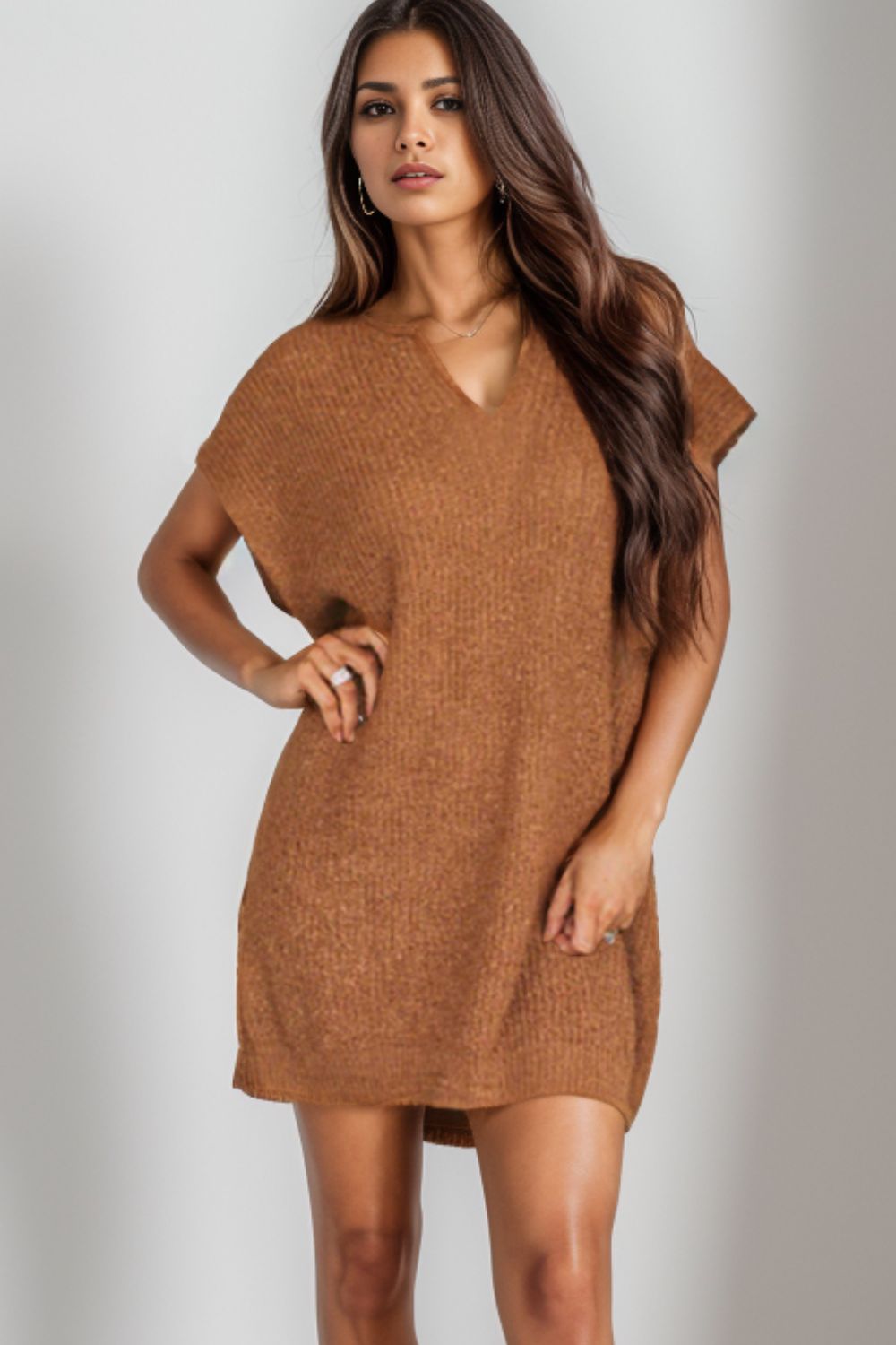 Notched Cap Sleeve Mini Sweater Dress Caramel