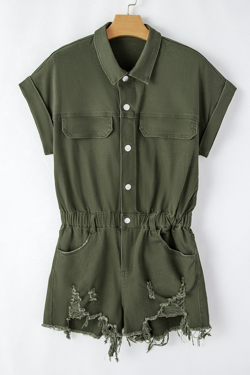 Moss Green Distressed Frayed Denim Romper