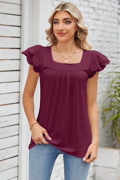 Eyelet Square Neck Cap Sleeve Blouse Deep Purple