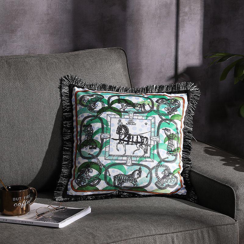 Double-sided Printed Fringe Pillow Sofa Cushion Car green 45x45cm Excluding core