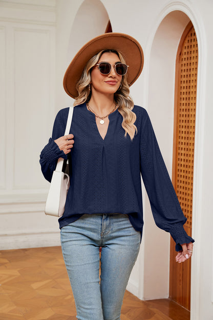 Notched Neck Flounce Sleeve Blouse Navy