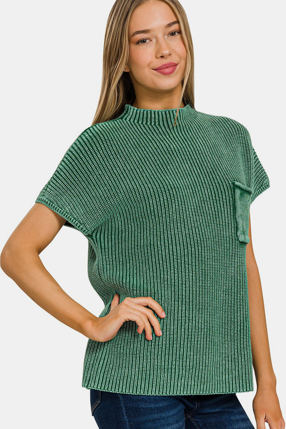 Zenana Washed Mock Neck Short Sleeve Sweater DK GREEN